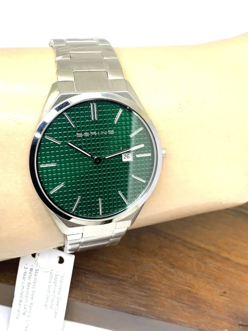 Bering Men's Watch 17240-708 Slim Quartz Green Dial Silver Stainless Steel 40mm